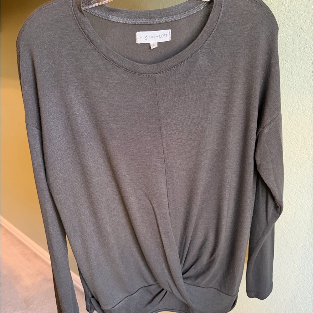 Lou & Grey LOFT Twist Front Top Gray Long Sleeve Soft Knit Size S